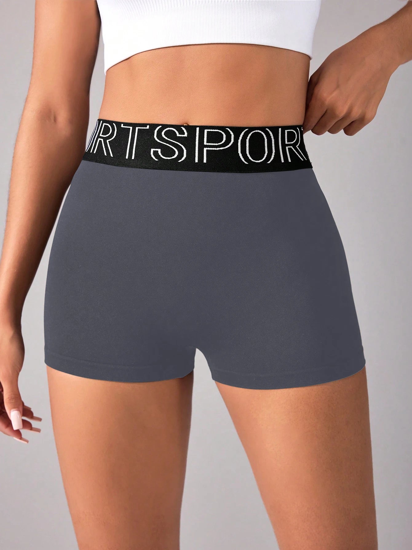 Women's High-Waist Gym Shorts | Seamless 'SPORTS' Lettered Waistband Fitness Shorts