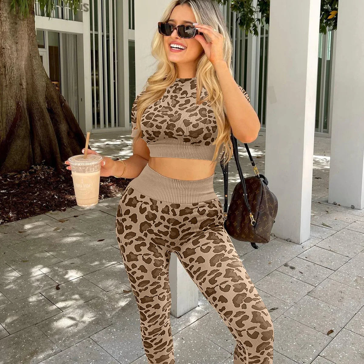 Women's Compression Apparel: 2PC Leopard, Seamless, Activewear Tracksuit Workout Clothes / Rungear