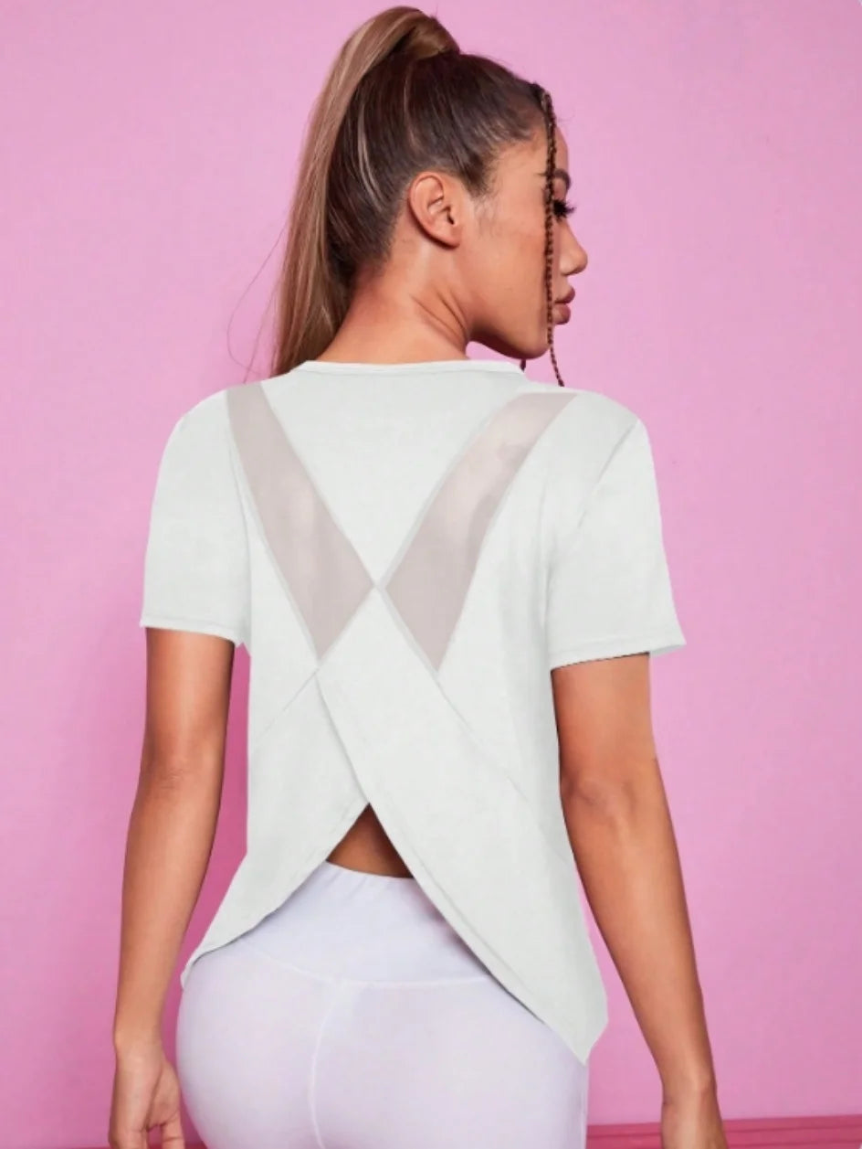 Women's Cross-Back Open Split Training Top | Loose Breathable Short Sleeve Gym Tee | RUNGEAR