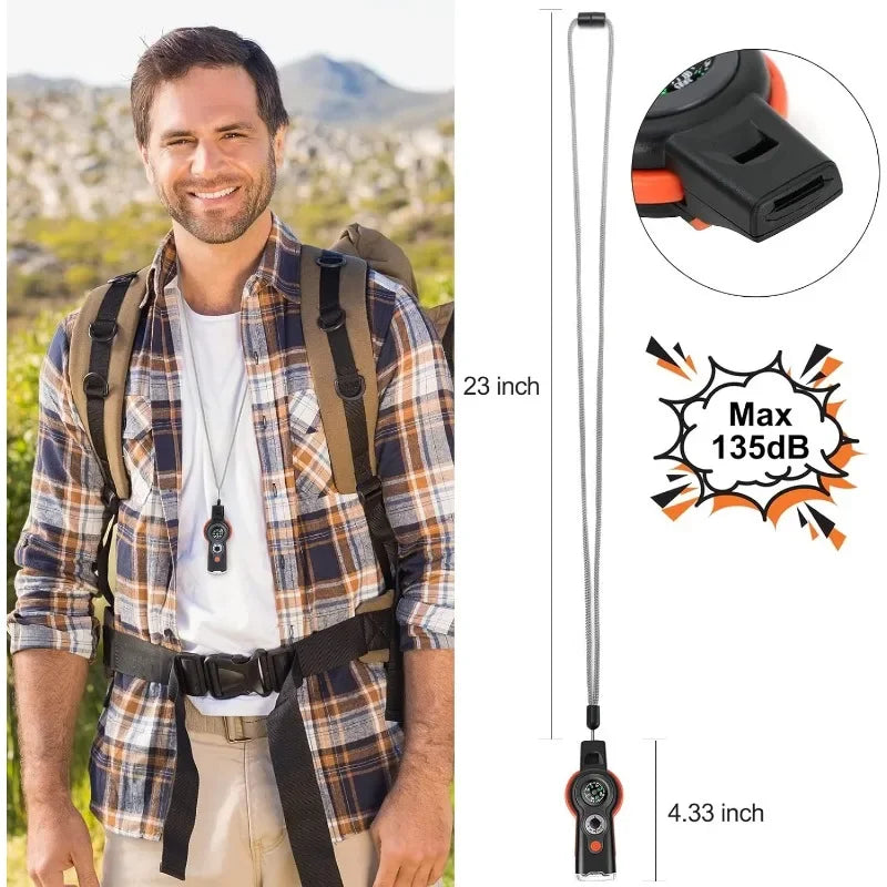 7-in-1 Emergency Survival Whistle – Compass, LED Flashlight, Thermometer & Signal Mirror | Hiking & Camping | Gray & Black