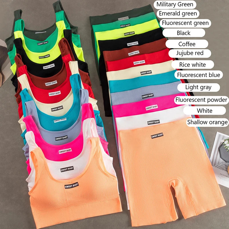 Women's Seamless Ribbed Sports Bra & Bike Shorts Set | Gym Yoga Activewear | RUNGEAR