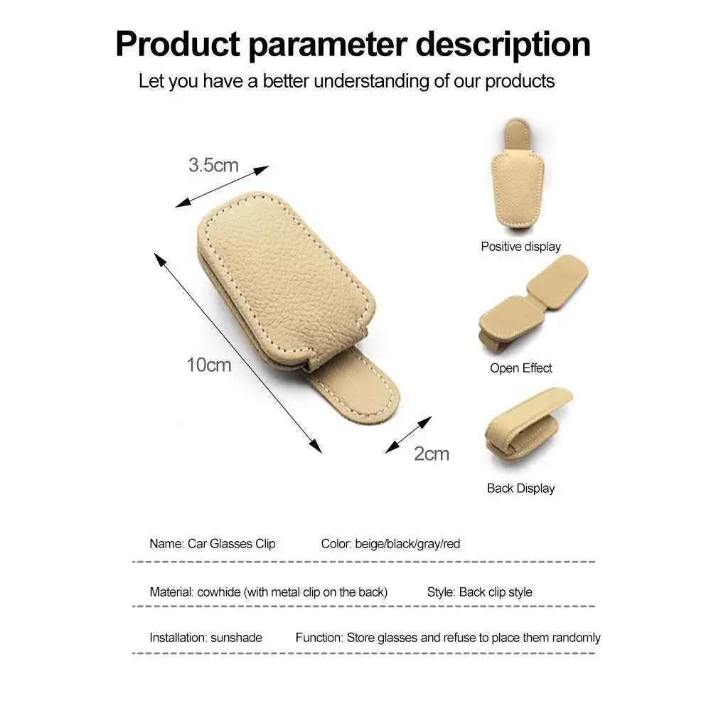 Leather Car Sun Visor Sunglasses Clip | Genuine Cowhide, Contrast Stitching, Universal Fit | Beige, Red, Gray, Black | RUNGEAR