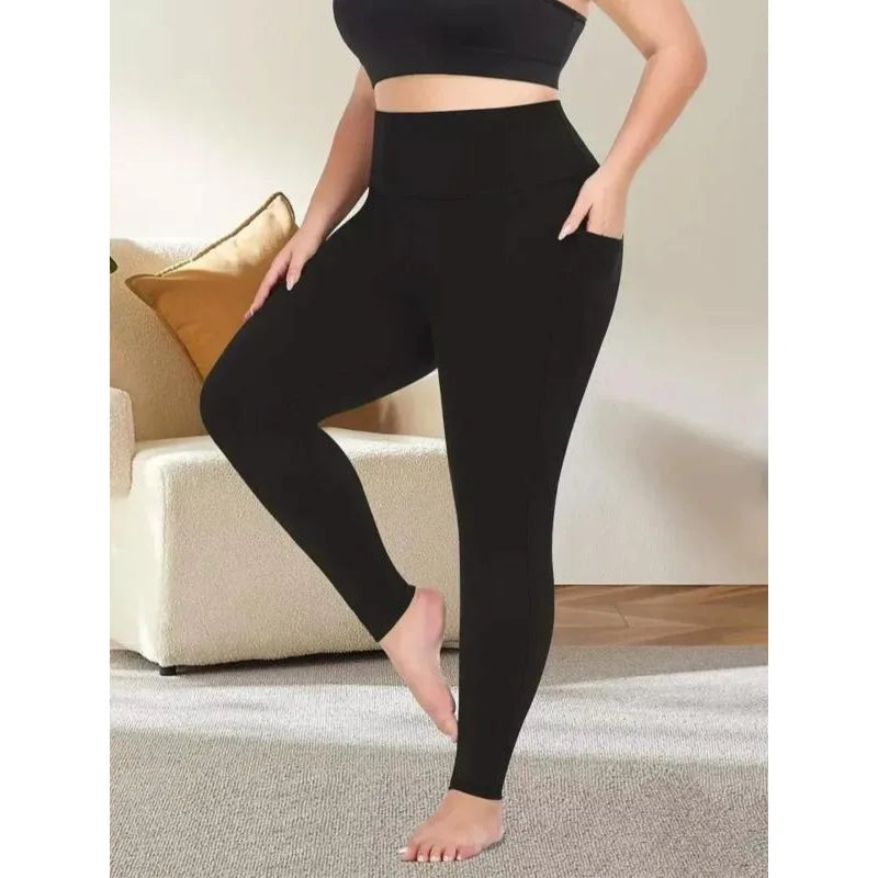 Plus Size Women's Solid Color High Waist Elastic Casual Workout Pants With Pockets