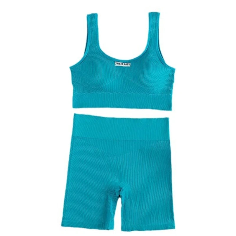 Women's Seamless Ribbed Sports Bra & Bike Shorts Set | Gym Yoga Activewear | RUNGEAR
