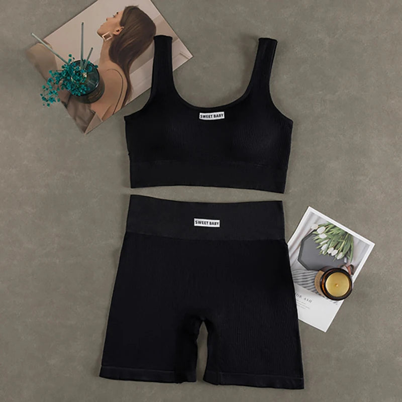 Women's Seamless Ribbed Sports Bra & Bike Shorts Set | Gym Yoga Activewear | RUNGEAR