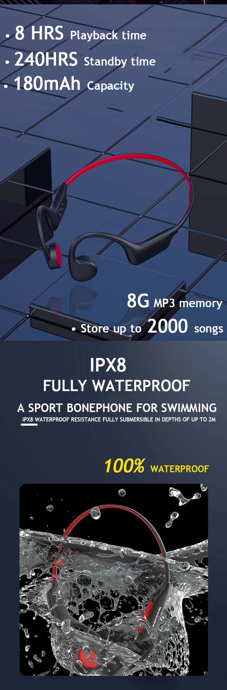 Running Tech Accessories: EASYBUDS Bone Conduction, Waterproof, Wireless Bluetooth IPX8 Open Ear Headphones, 32GB IP68 / Rungear