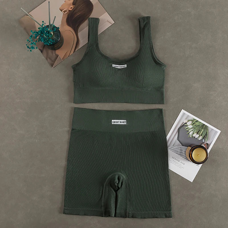 Women's Seamless Ribbed Sports Bra & Bike Shorts Set | Gym Yoga Activewear | RUNGEAR