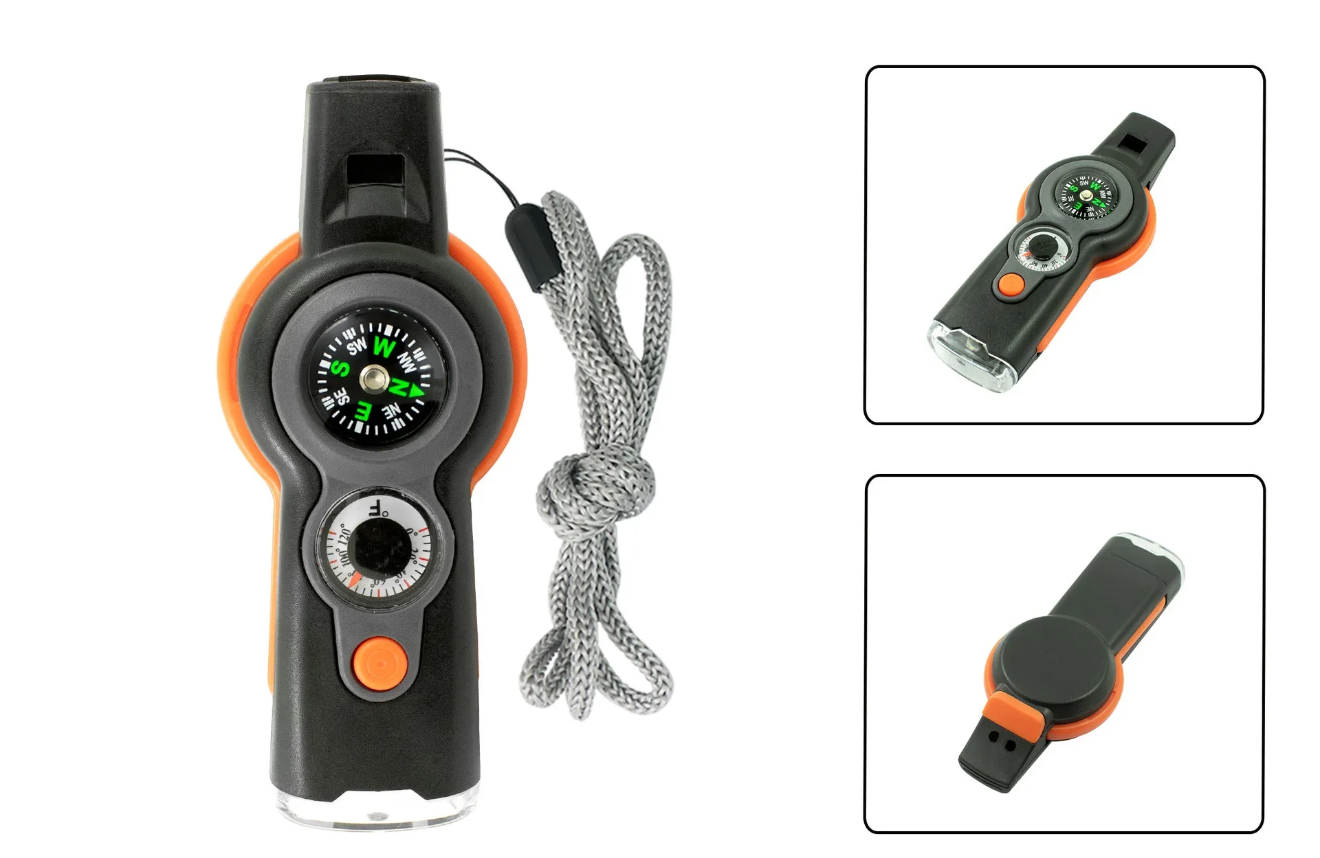 7-in-1 Emergency Survival Whistle – Compass, LED Flashlight, Thermometer & Signal Mirror | Hiking & Camping | Gray & Black