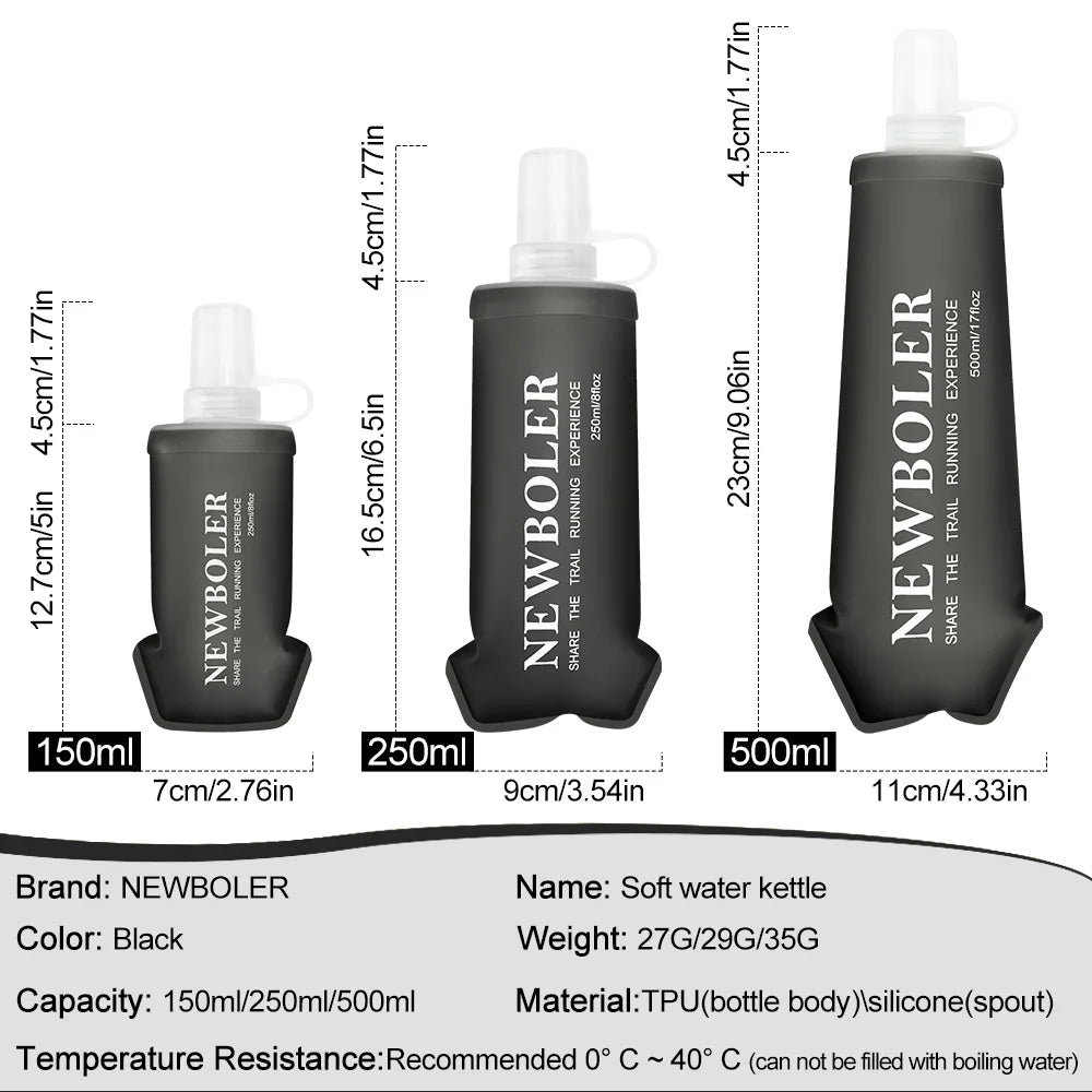 Hydration Gear Accessories: 150/250/500ml TPU Folding, Portable, Soft Flask Drink Water Bottle for Running, Hiking, All Sports / Rungear