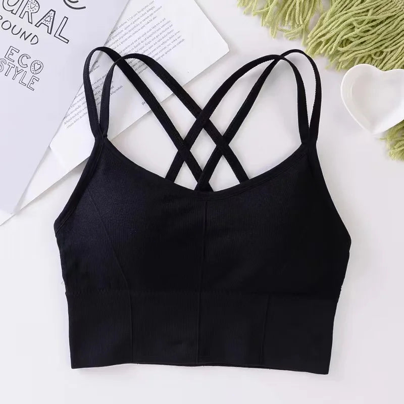 Women's Cross Back Strap Tank Top Push Up Sports Bra Breathable Solid Color Bra