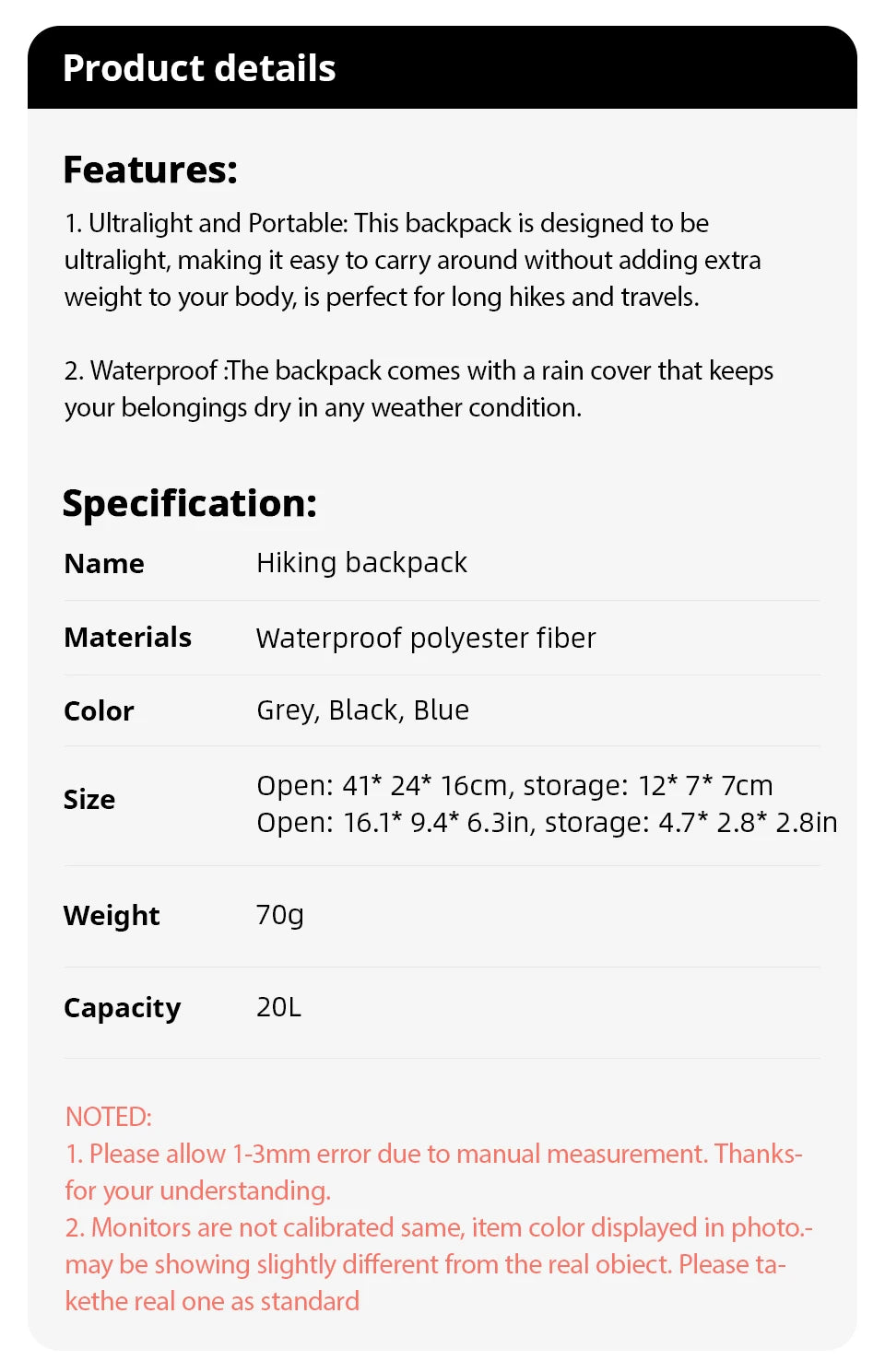 20L Ultralight Foldable Hiking Daypack | Waterproof Packable Backpack with Rain Cover