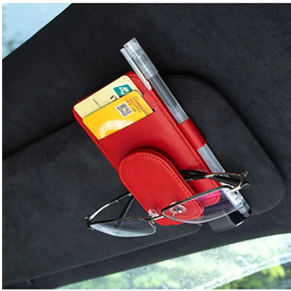 PU Leather Car Sun Visor Organiser – Sunglasses Holder, Card & Ticket Slots, Clip-On | Car Accessories | Beige, Red, Black & Brown