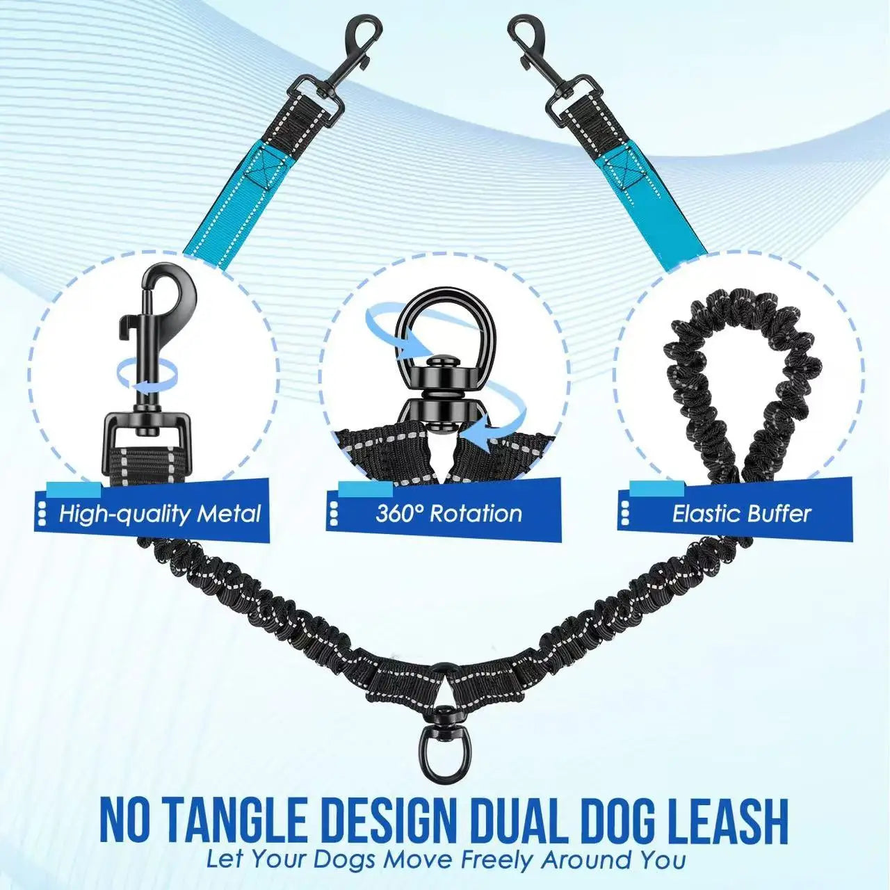 Double Dog Leash – Reflective No-Tangle 360° Swivel Dual Walking Leash with Two Traffic Handles & Shock Absorber | 7 Colours