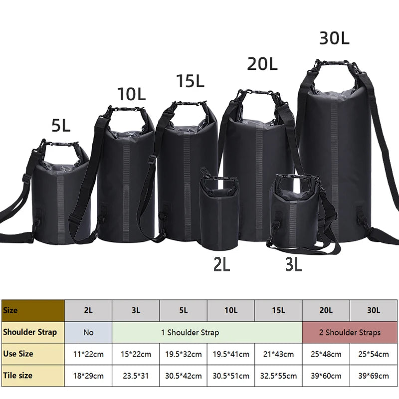 Waterproof PVC Roll-Top Dry Bag | 2L to 30L, Roll-Top Buckle Closure, Shoulder Strap Options | RUNGEAR