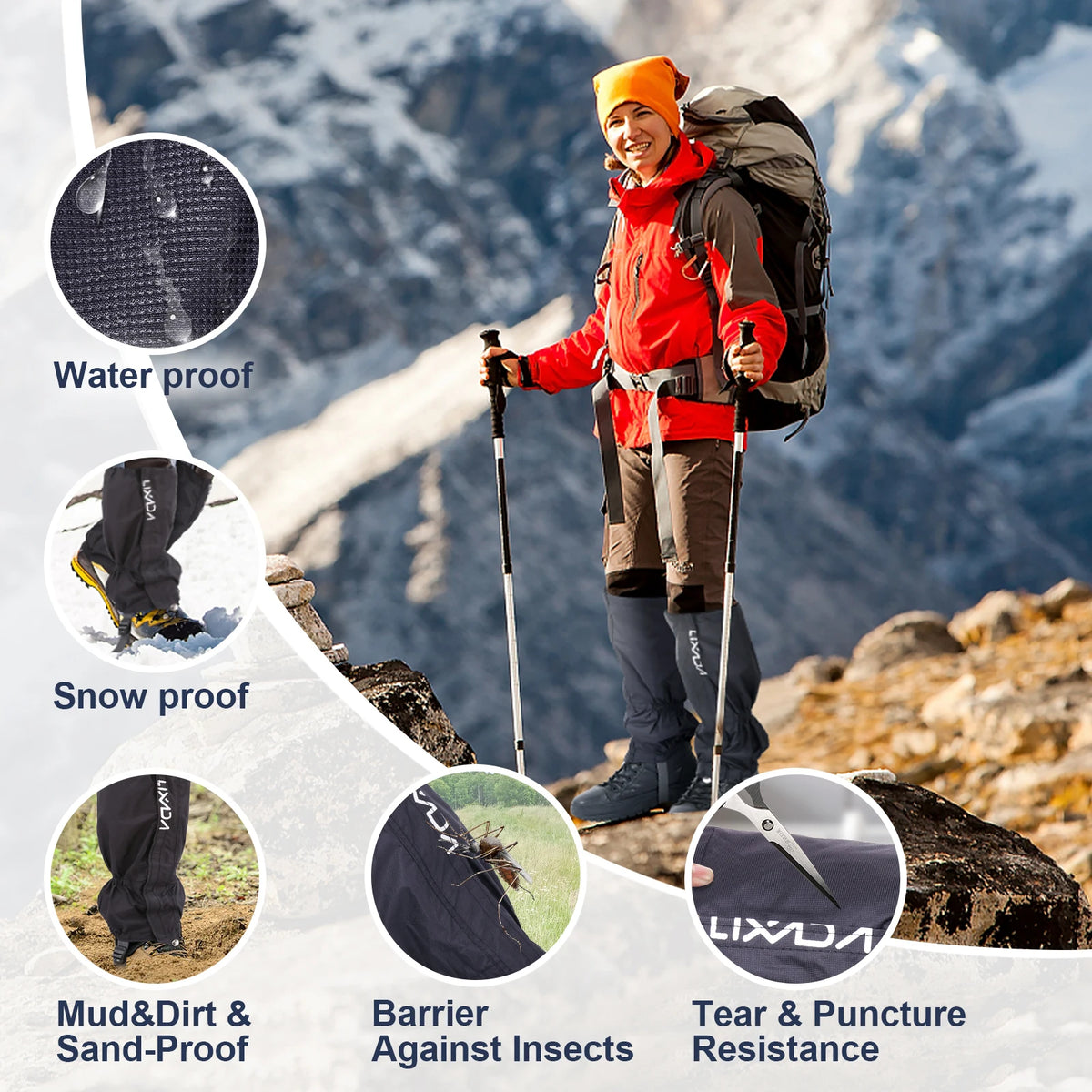 Lixada Water-Resistant Zippered Leg Gaiters – Full Length Snow & Hiking Gaiters for Outdoor Sports