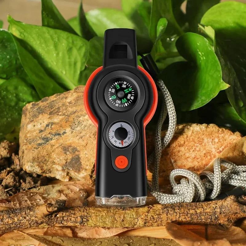 7-in-1 Emergency Survival Whistle – Compass, LED Flashlight, Thermometer & Signal Mirror | Hiking & Camping | Gray & Black