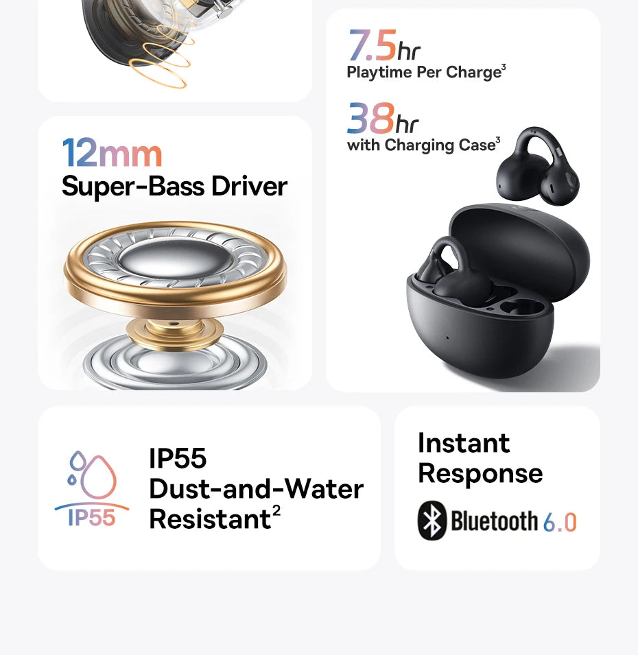 Running Tech Gear: Baseus BC1 Ear Clip Earbuds, Open Ear Wireless Earphones, Bluetooth 6.0 Clip On, 4-Mic Super Bass IP55 / Rungear