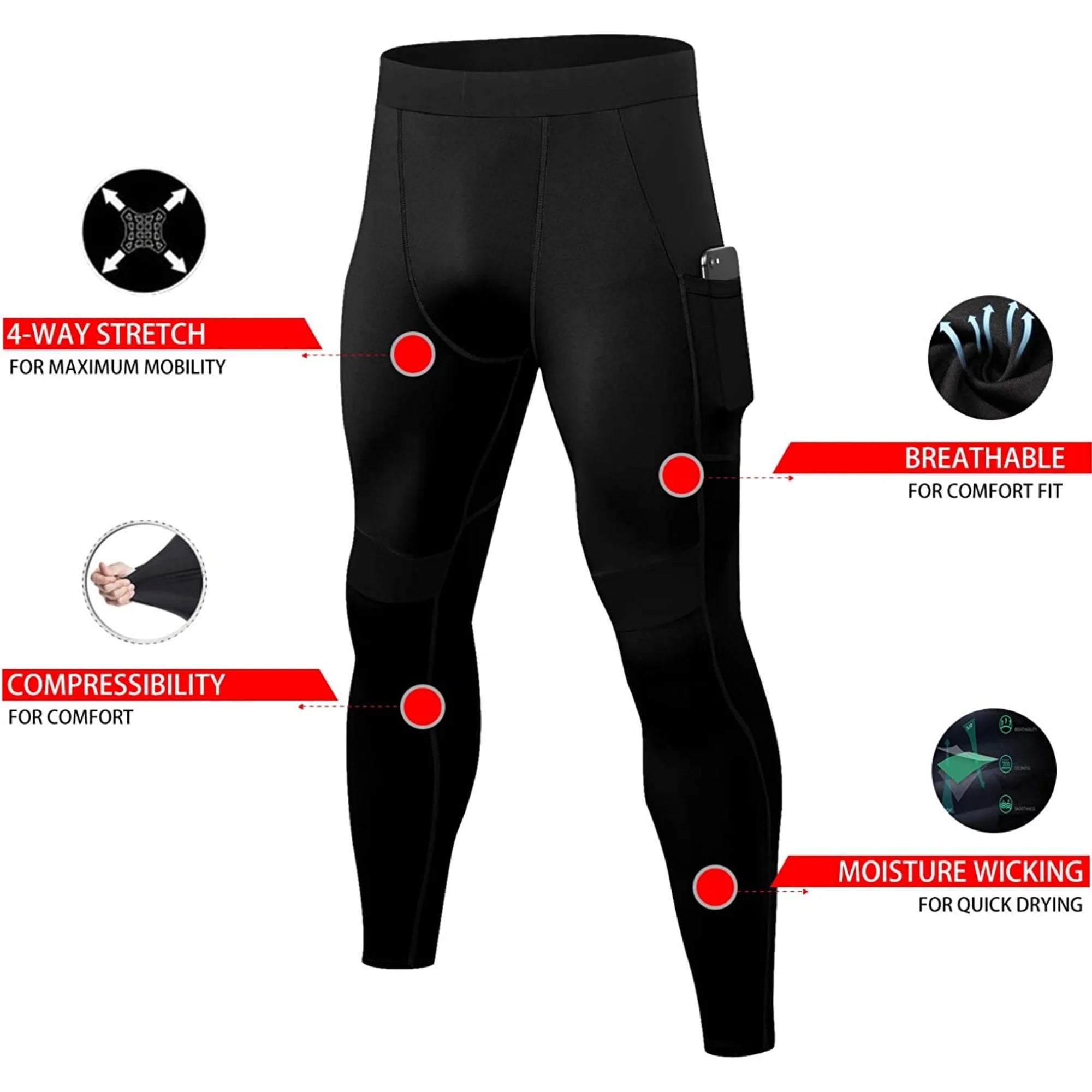 Men's Compression Tights with Phone Pocket | Quick-Dry Athletic Base Layer