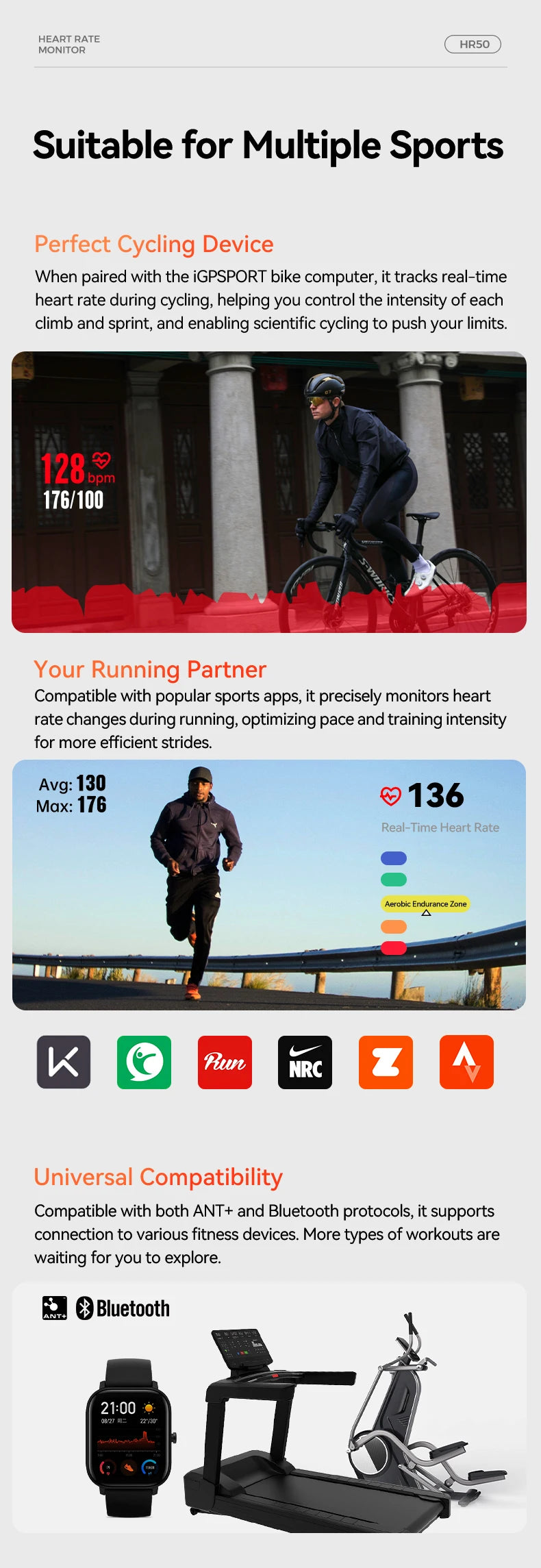 iGPSPORT HR50 Heart Rate Monitor with Chest Strap – ANT+ & Bluetooth Sensor for Cycling, Running & Fitness | Garmin, Bryton, XOSS Compatible | RUNGEAR