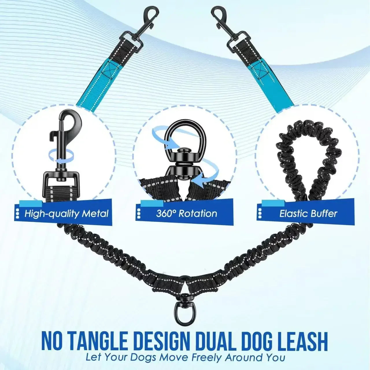 Double Dog Leash – Reflective No-Tangle 360° Swivel Dual Walking Leash with Two Traffic Handles & Shock Absorber | 7 Colours