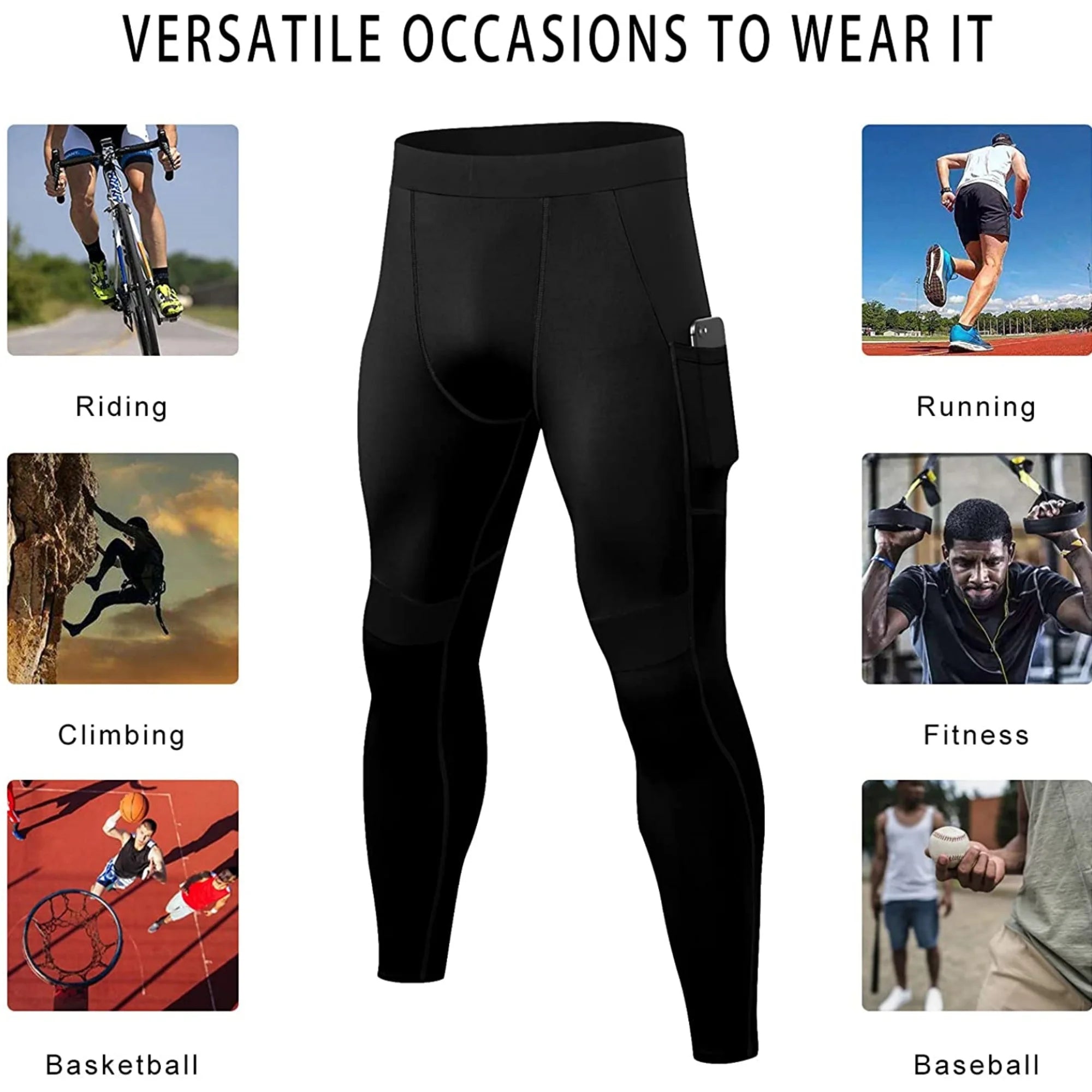 Men's Compression Tights with Phone Pocket | Quick-Dry Athletic Base Layer