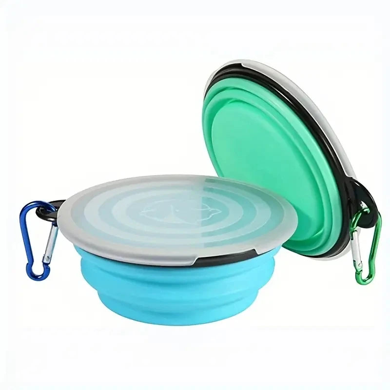 2-Pack Collapsible Dog Bowl with Lid & Carabiner Clip — Portable Silicone Food & Water Dish for Travel, Hiking & Runs