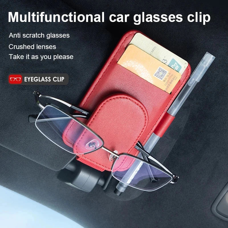 PU Leather Car Sun Visor Organiser – Sunglasses Holder, Card & Ticket Slots, Clip-On | Car Accessories | Beige, Red, Black & Brown