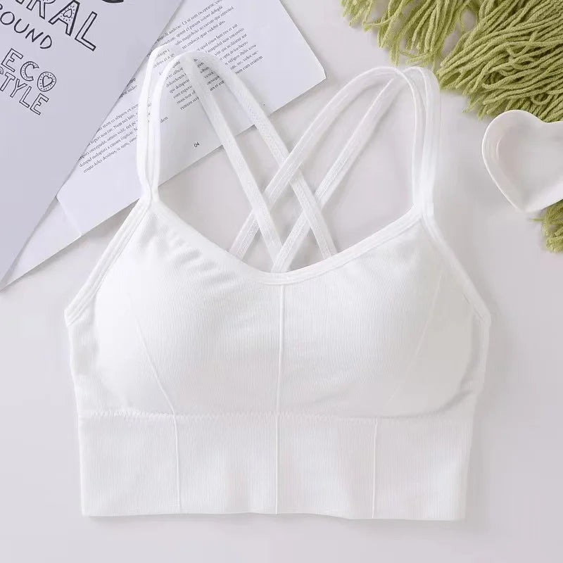Women's Cross Back Strap Tank Top Push Up Sports Bra Breathable Solid Color Bra