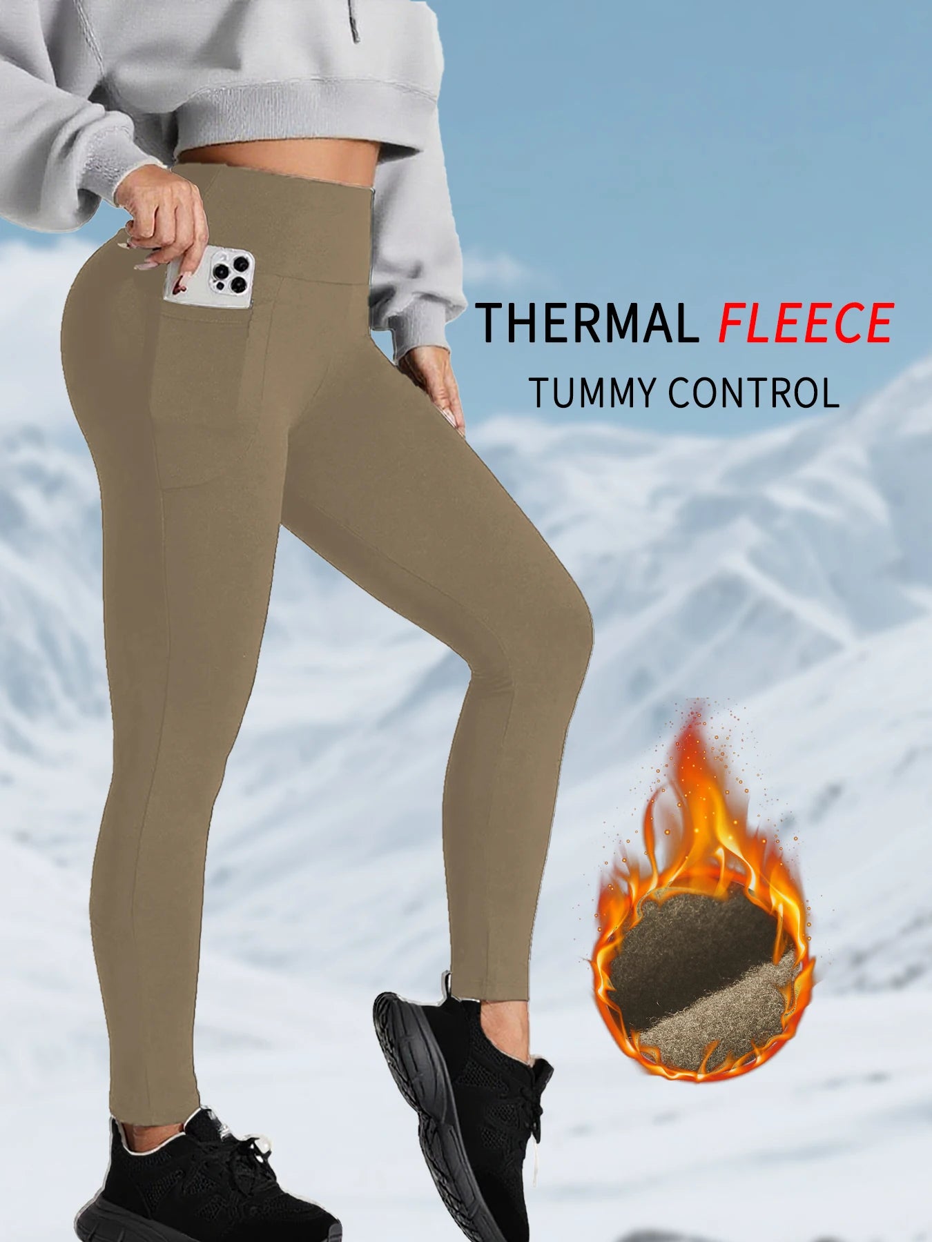 Women's Thermal Apparel: Winter Thermal High Waisted Warm, Thick Fleece Lined Workout Leggings with Pockets / Rungear