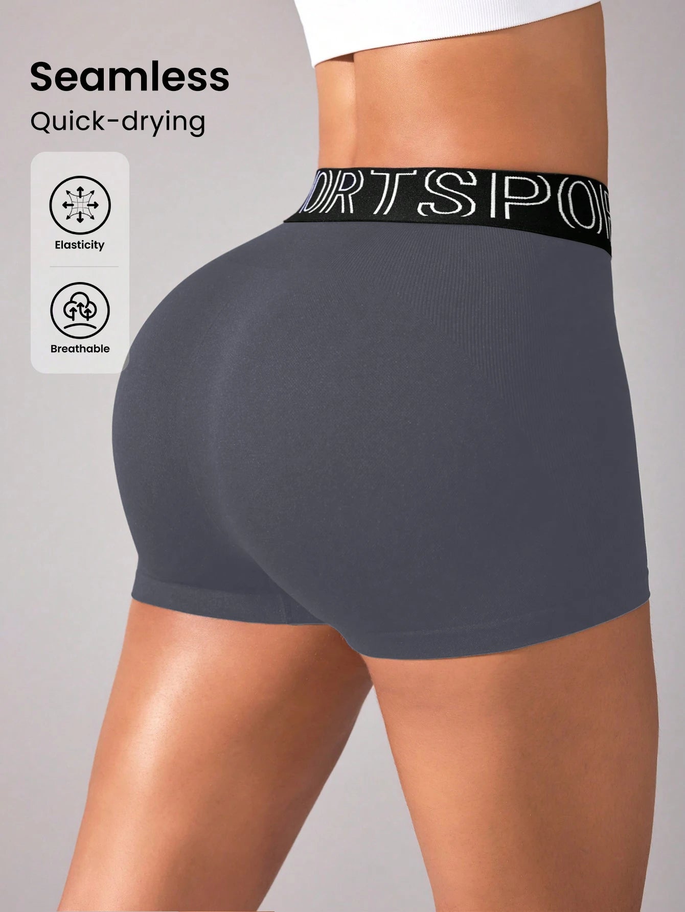 Women's High-Waist Gym Shorts | Seamless 'SPORTS' Lettered Waistband Fitness Shorts