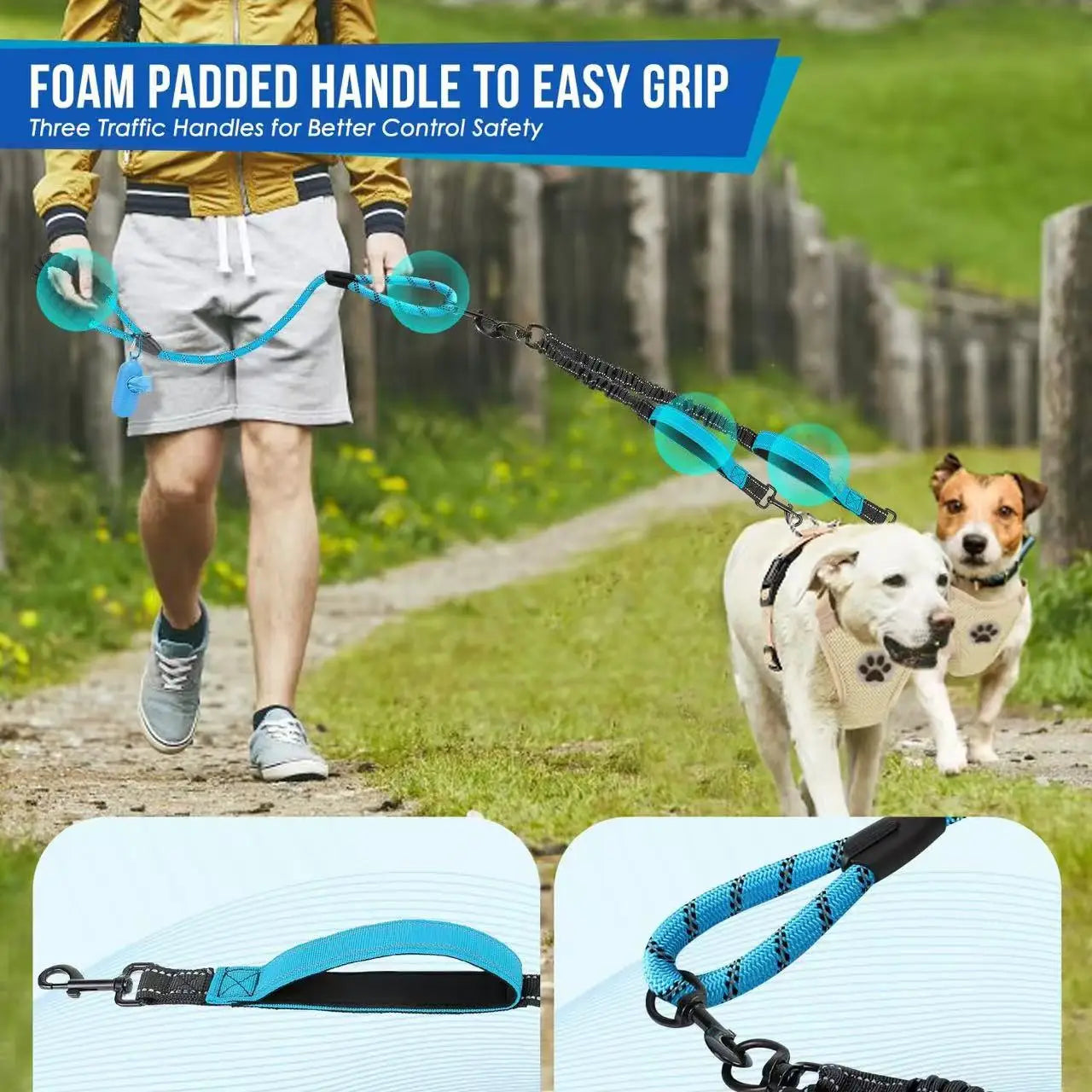 Double Dog Leash – Reflective No-Tangle 360° Swivel Dual Walking Leash with Two Traffic Handles & Shock Absorber | 7 Colours
