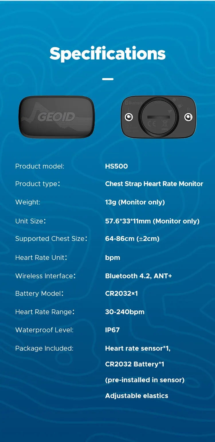 GEOID HS500 Heart Rate Monitor with Chest Strap & LED Indicator – Dual Mode ANT+ & Bluetooth Sensor for Running, Cycling & Fitness | RUNGEAR