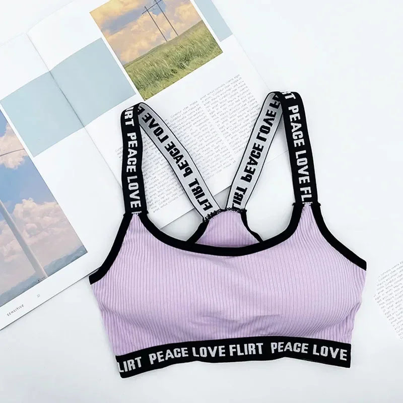 Women's Letter Print Sports Bra | Seamless Push-Up for Gym, Yoga & Running