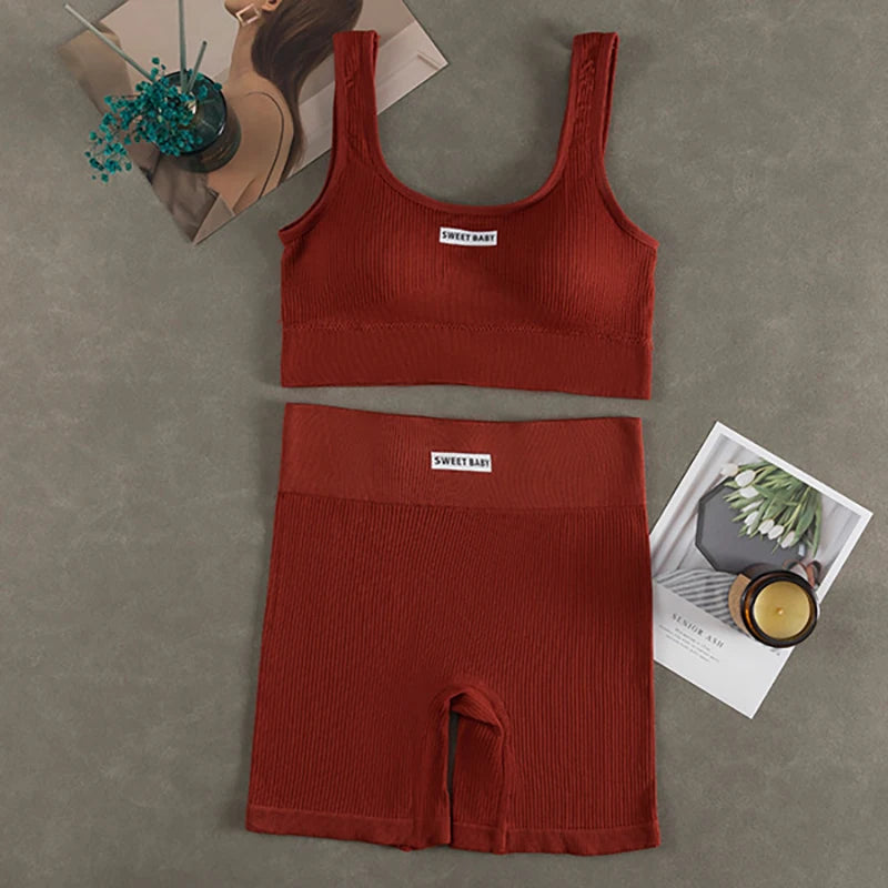 Women's Seamless Ribbed Sports Bra & Bike Shorts Set | Gym Yoga Activewear | RUNGEAR