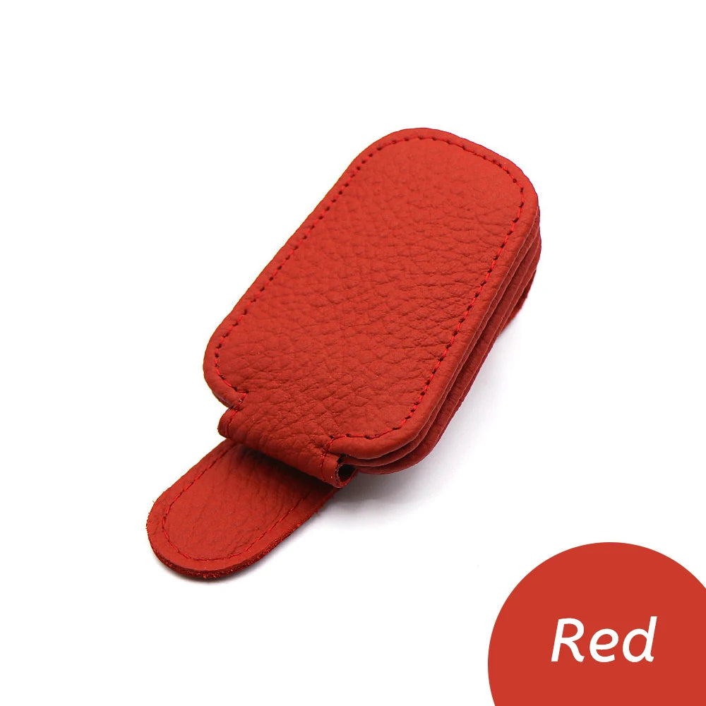 Leather Car Sun Visor Sunglasses Clip | Genuine Cowhide, Contrast Stitching, Universal Fit | Beige, Red, Gray, Black | RUNGEAR