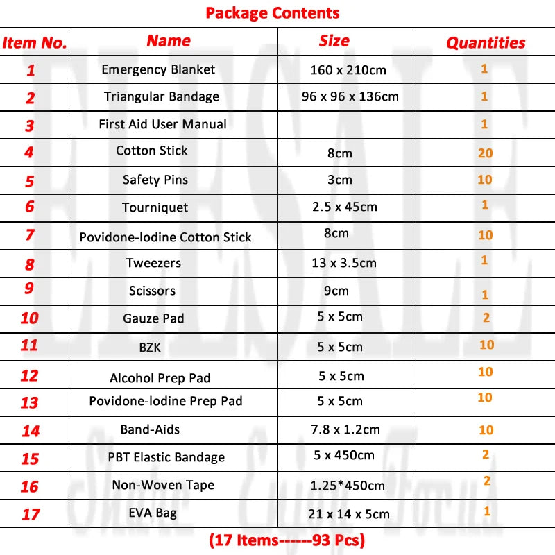 17 Items/93pcs Portable Travel First Aid Medical Emergency Kits For Home Outdoor Sports with Emergency Blanket