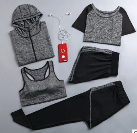 Women's Quick Dry Apparel: Hooded Jacket, T-Shirt, Sports Bra, Shorts and Pant Sportswear Set / Rungear