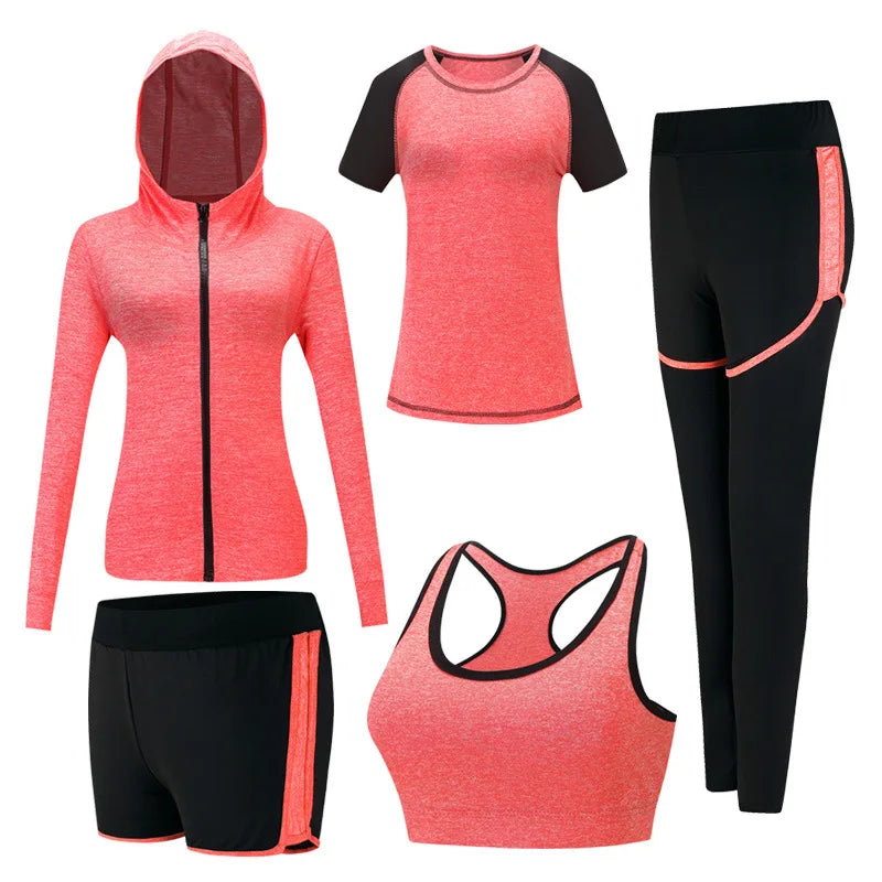 Women's Quick Dry Apparel: Hooded Jacket, T-Shirt, Sports Bra, Shorts and Pant Sportswear Set / Rungear