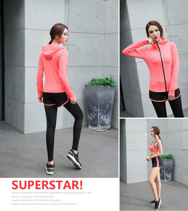 Women's Quick Dry Apparel: Hooded Jacket, T-Shirt, Sports Bra, Shorts and Pant Sportswear Set / Rungear