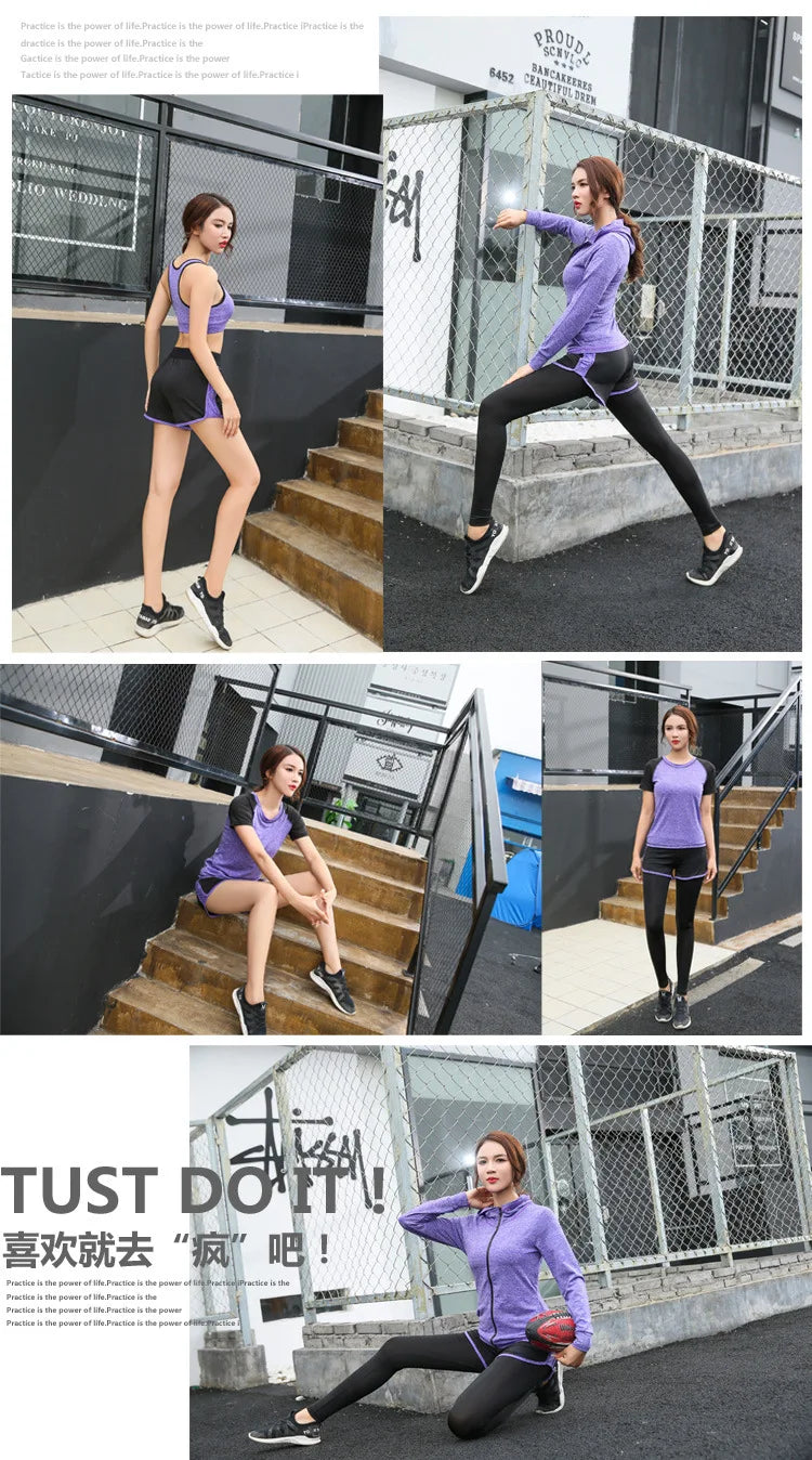 Women's Quick Dry Apparel: Hooded Jacket, T-Shirt, Sports Bra, Shorts and Pant Sportswear Set / Rungear
