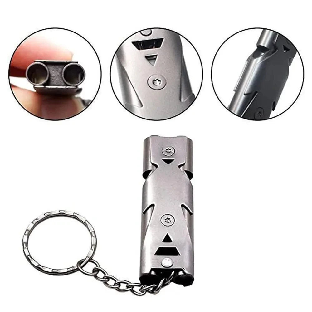 High Decibel Portable Outdoors Stainless Steel Double Pipe Emergency Survival Whistle Keychain