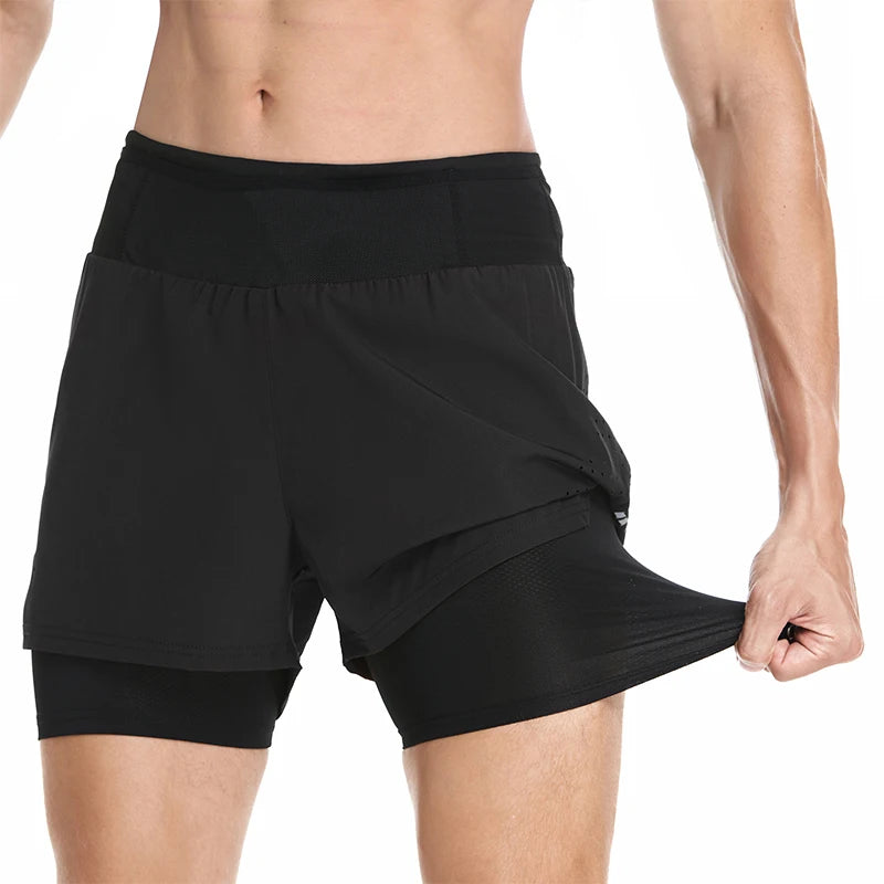 Men's 2 in 1 High Waist Training Gym Fitness Workout Sports Shorts Pants Double Layer B233