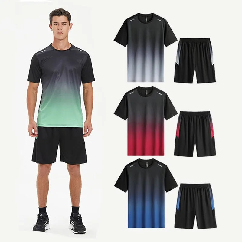 Men Active Quick Dry Crew Neck T Shirts and Shorts Set Athletic Workout Short Sleeve Clothes Basketball Running Gym Sports Suit