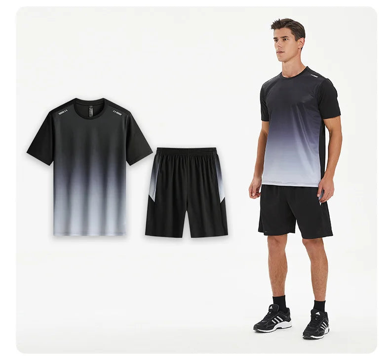 Men Active Quick Dry Crew Neck T Shirts and Shorts Set Athletic Workout Short Sleeve Clothes Basketball Running Gym Sports Suit