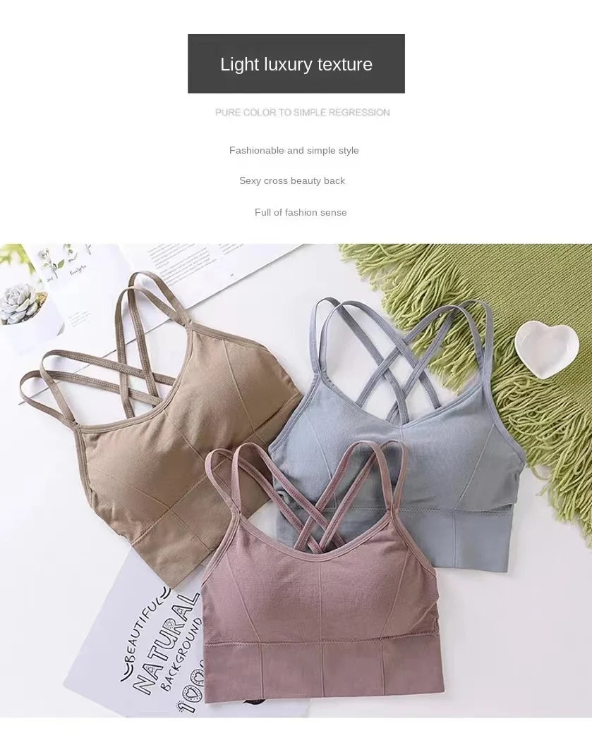 Women's Cross Back Strap Tank Top Push Up Sports Bra Breathable Solid Color Bra