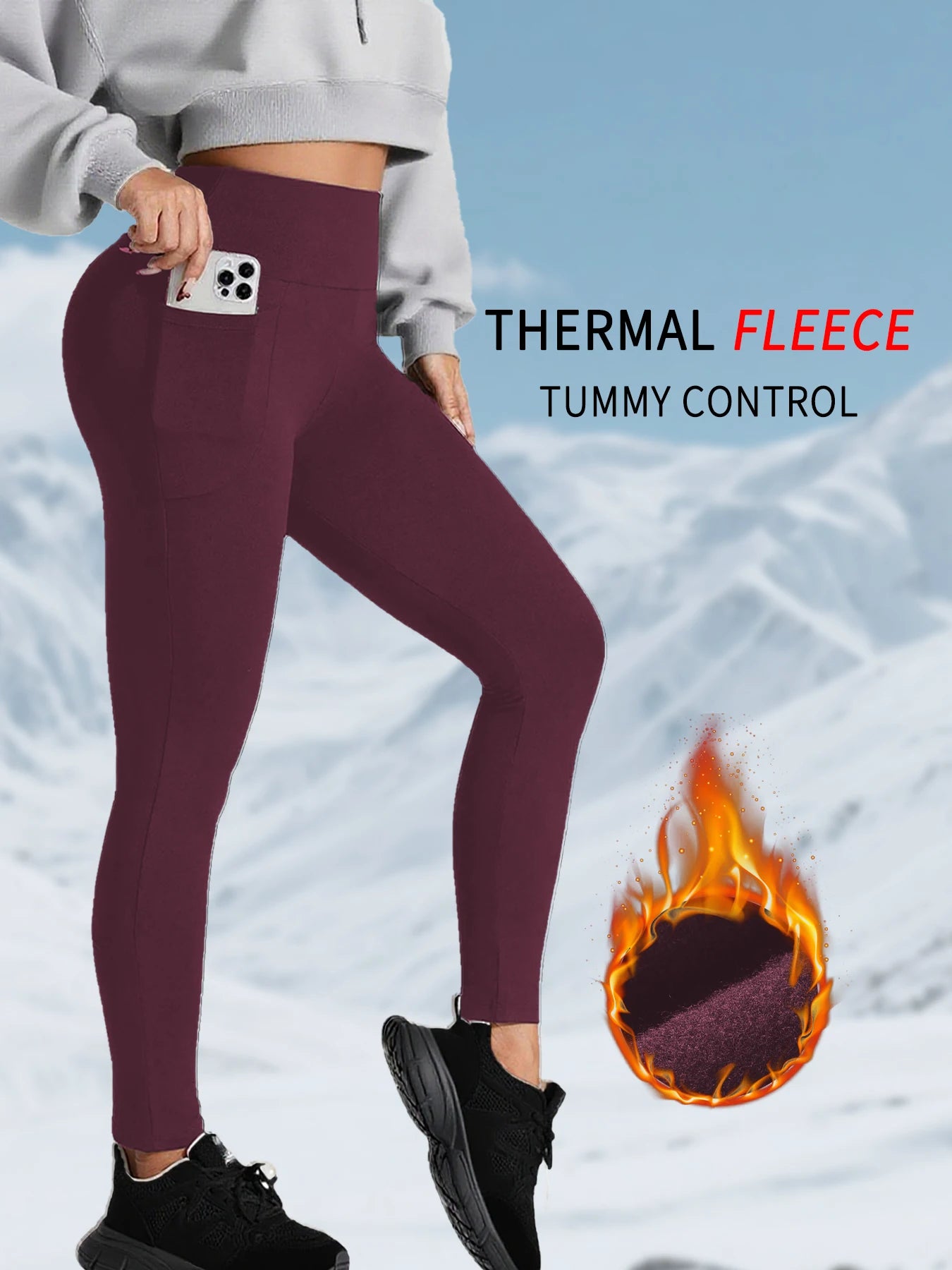 Women's Thermal Apparel: Winter Thermal High Waisted Warm, Thick Fleece Lined Workout Leggings with Pockets / Rungear