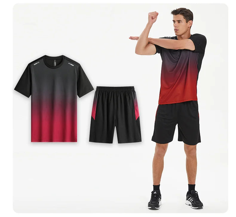 Men Active Quick Dry Crew Neck T Shirts and Shorts Set Athletic Workout Short Sleeve Clothes Basketball Running Gym Sports Suit