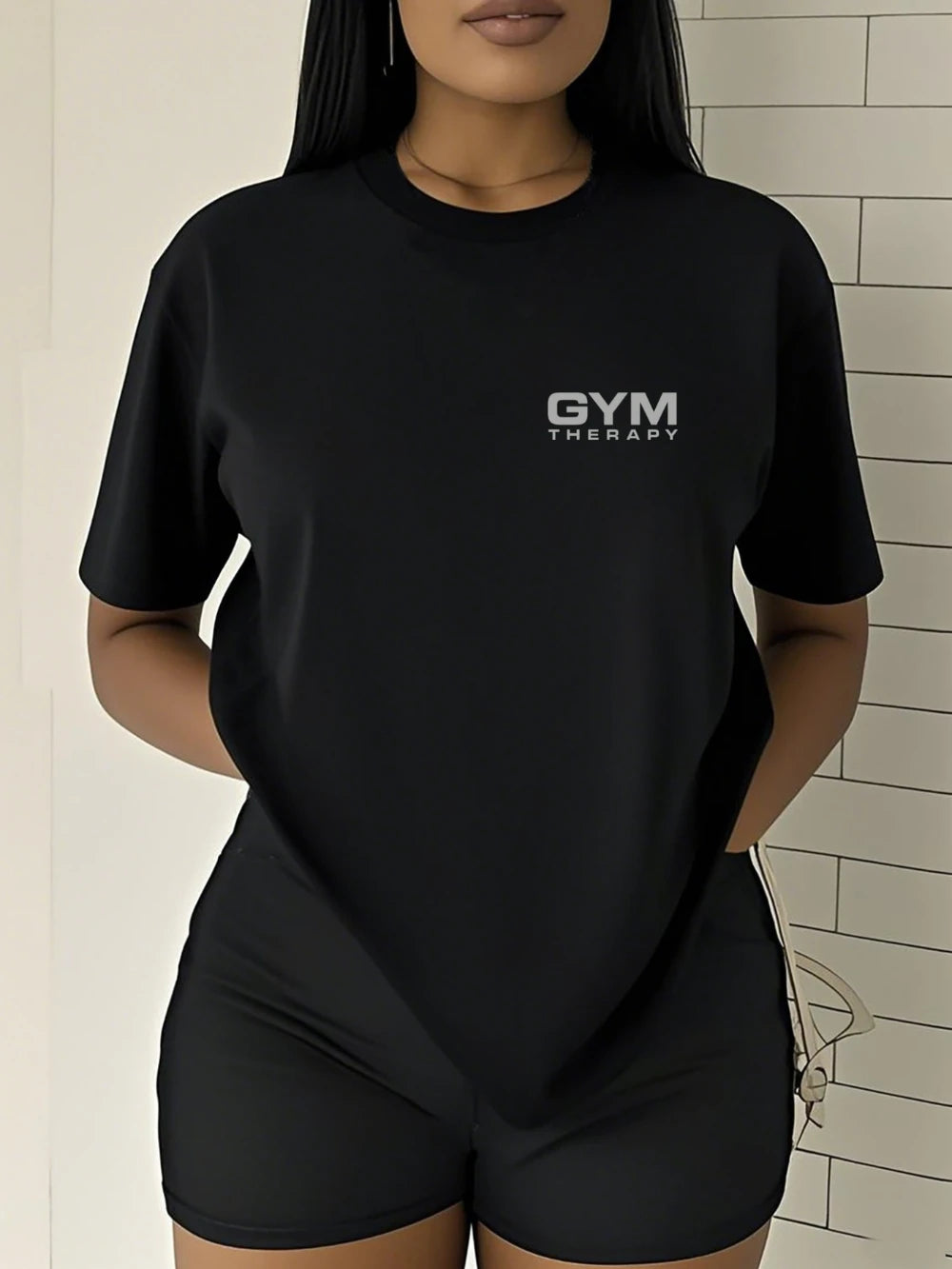 Women's Rungear Apparel: Short sleeve T-Shirt Top, 'GYM THERAPY' Double-Sided Print For Summer / Rungear