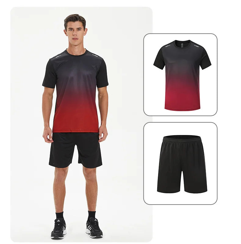 Men Active Quick Dry Crew Neck T Shirts and Shorts Set Athletic Workout Short Sleeve Clothes Basketball Running Gym Sports Suit