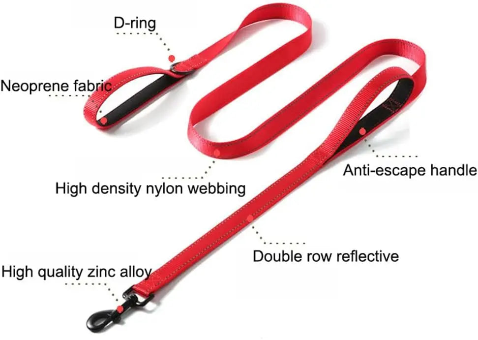 Pet Accessories Gear: 6FT Heavy Duty, Double Handle, Reflective, Nylon Dog Leash for Large Medium Dogs / Rungear